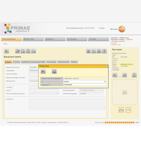PRIMAS validated Login Execution of a password query in the test equipment management system PRIMAS validated