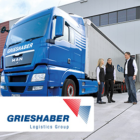 Truck of the Grieshaber Logistics Group in front of the logistics centre