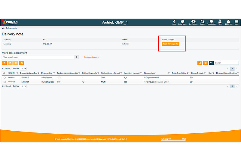 Screenshot delivery note of the test equipment management system PRIMAS validated