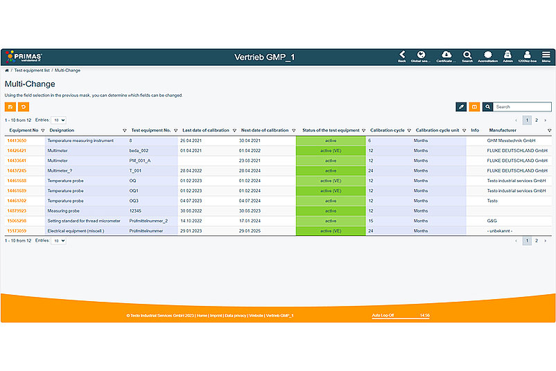 Screenshot of the multiple change of the test equipment management system PRIMAS validated